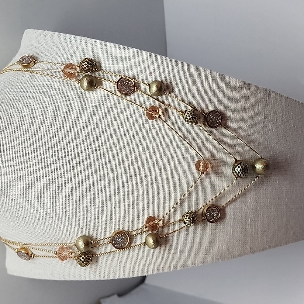 Three Strand Station Bead Ball Crystal Faux Pave Necklace - Picture 8 of 8
